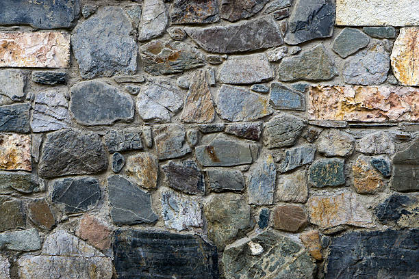 istock texture, the background of the wall lined with natural stones 613684024
