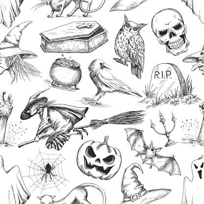 Ilustración de Símbolos De La Fiesta De Halloween Patrón De Boceto A Lápiz  y más Vectores Libres de Derechos de Araña - iStock
