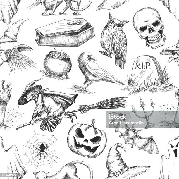 Ilustración de Símbolos De La Fiesta De Halloween Patrón De Boceto A Lápiz  y más Vectores Libres de Derechos de Araña - iStock