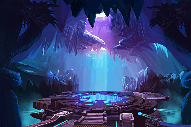 Mystery Cave with Sci-Fi Building Mystery Cave with Sci-Fi Building. Video Game's Digital CG Artwork, Concept Illustration, Realistic Cartoon Style Background fantasy landscape stock illustrations