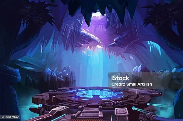 Mystery Cave With Scifi Building Stock Illustration - Download Image Now - Landscape - Scenery, Fantasy, Futuristic