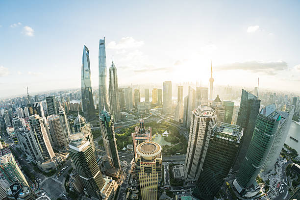 istock Fisheye view of Shanghai Skyline Sunset 613689618