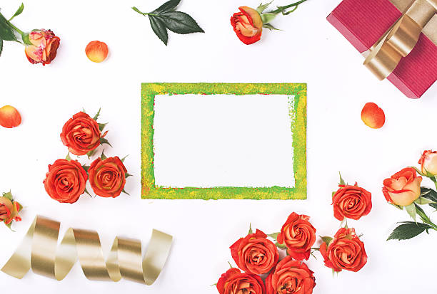 istock Blank card with red roses and red gift 613689826
