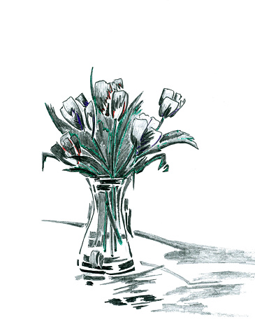 Abstract Doodle Black and White Bouquet of Flowers in Vase, Hand Painted Tulips or Roses. Illustration