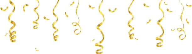 istock Celebration background template with confetti and golden ribbons. Vector illustration 613691008