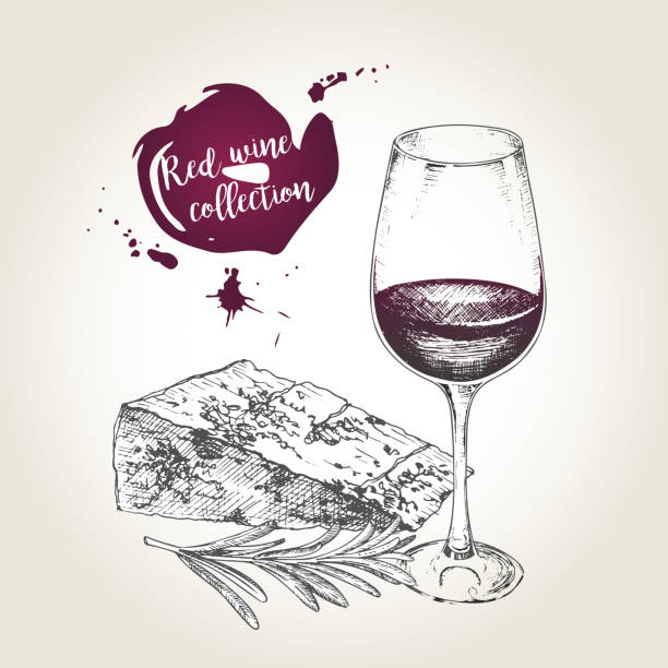Vector set of red wine collection. Glass, cheese and rosemary. Vector set of red wine collection. Engraved vintage style. Glass, cheese and rosemary.  Isolated on grunge background. Deorated with lettering and blots. Use for restaurant, cafe, store, food, menu, design. gorgonzola stock illustrations