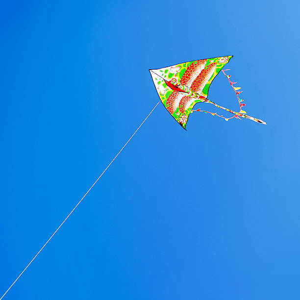 istock Kite flying in blue sky 613695150