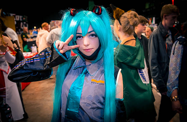 Sheffield, United Kingdom - June 11, 2016: Cosplayer dressed as the 'Hatsune Miku' vocaloid character at the Yorkshire Cosplay Convention at Sheffield Arena