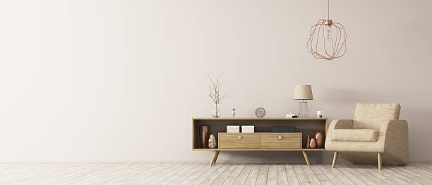 istock Interior with wooden cabinet and armchair 3d rendering 613695900