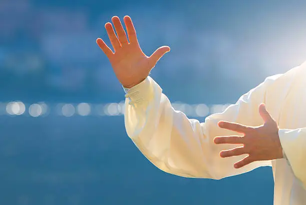 practice of Tai Chi Chuan in the park. Detail of hand positions