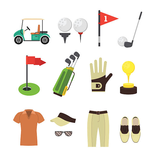 ilustraciones, imágenes clip art, dibujos animados e iconos de stock de equipo de golf flat set. vector - hole cards