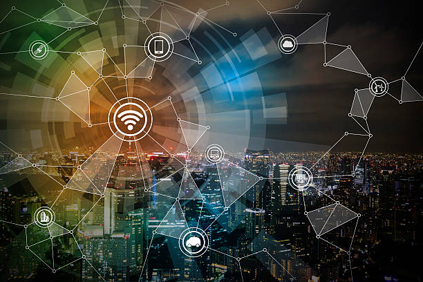 istock smart city night view and wireless communication network 613749440