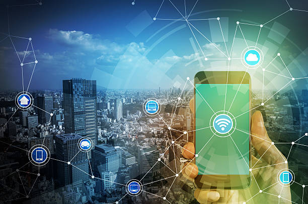 istock smart phone and smart city, wireless communication network 613749812