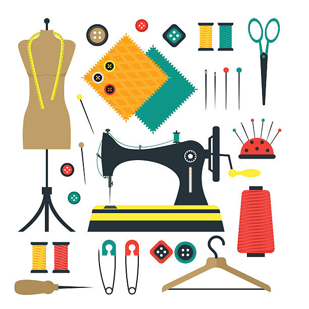 ilustrações de stock, clip art, desenhos animados e ícones de sewing equipment and tools set. vector - sewing tailor thread sewing kit