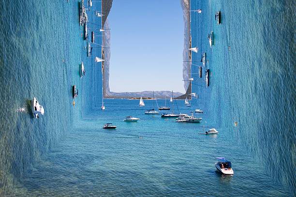 vista surrealista sobre el soleado mar azul con isla y barcos - surrealismo fotografías e imágenes de stock