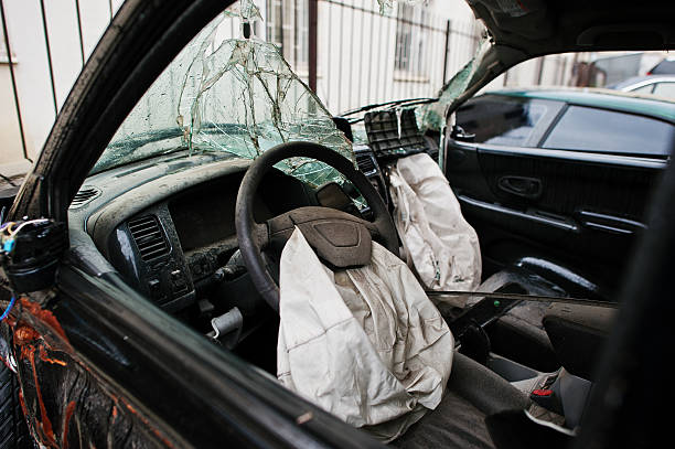 istock Car after accident. Car interior with airbag after crash 613751914