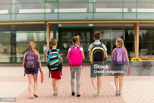 Group Of Happy Elementary School Students Walking Stock Photo - Download Image Now - Backpack, Child, Walking