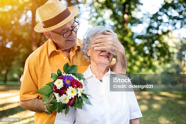 Senior Man Giving Bouquet Of Colored Flowers To His Wife Stock Photo - Download Image Now