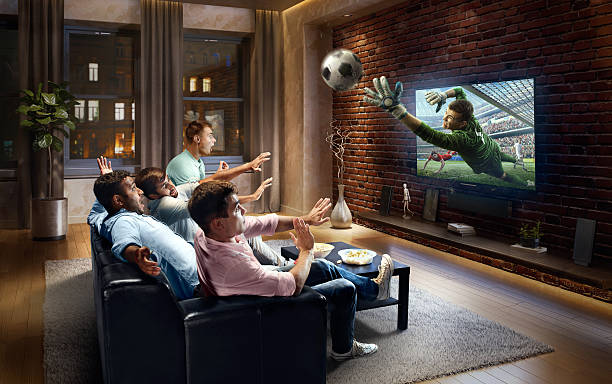 students watching very realistic soccer game on tv - fan television football watching tv imagens e fotografias de stock