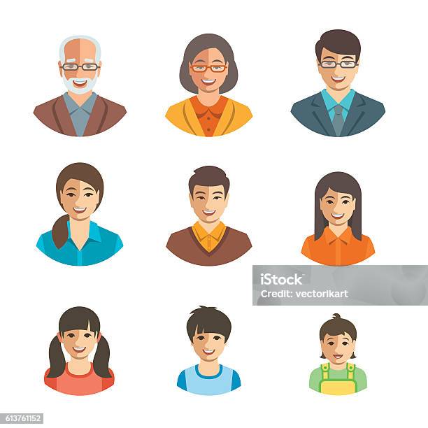 Asian Family Happy Faces Flat Avatars Set Stock Illustration - Download Image Now - Asian and Indian Ethnicities, Family, Cartoon