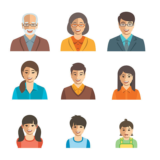 asiatische familie glücklich gesichter flache avatare gesetzt - family portrait asian ethnicity mother stock-grafiken, -clipart, -cartoons und -symbole