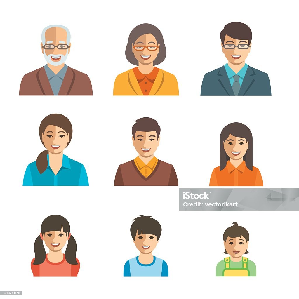 Família asiática feliz enfrenta conjunto de avatares planos - Vetor de Face Humana royalty-free