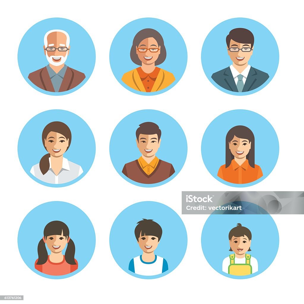 Asian family happy faces flat avatars set Asian family happy faces. Vector flat avatars. People generation simple icons. Mother, father and adult, teen and little kids. Japanese, Chinese portraits. Young, senior men and women, boys, girls and baby Family stock vector