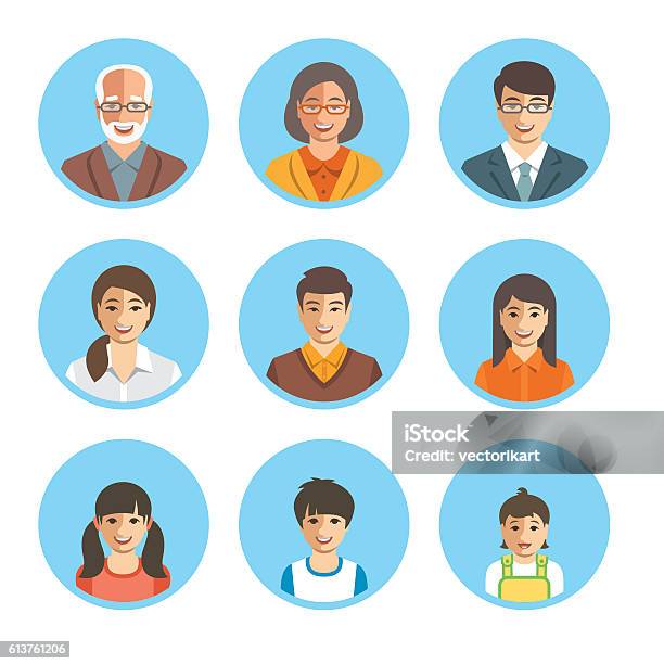 Asian Family Happy Faces Flat Avatars Set Stock Illustration - Download Image Now - Family, Asian and Indian Ethnicities, Avatar