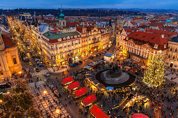 Old Town Square at Christmas time in Prague. stock photo