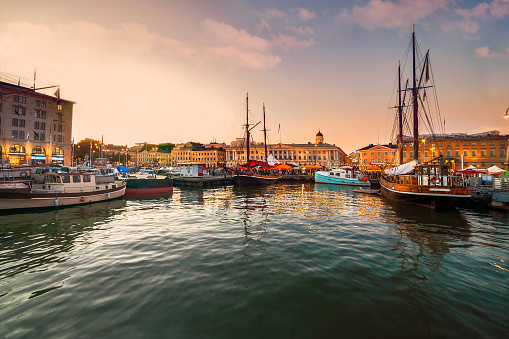 Helsinki, port at sunset