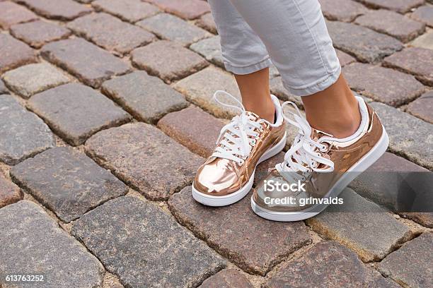 Woman With Stylish Shoes In The City Stock Photo - Download Image Now - Sports Shoe, Shoe, Women