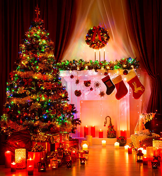 istock Christmas Room Lighting Xmas Tree Interior, Socks Hanging Fireplace 613763410