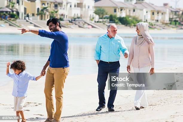 Family Walking In Dubai And Sharing And Afternoon Outdoors Stock Photo - Download Image Now