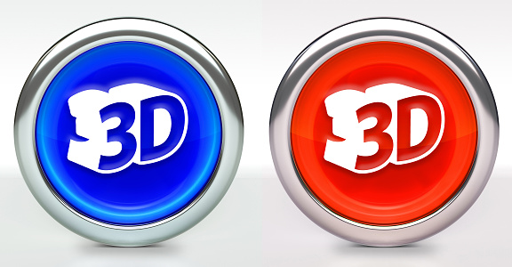 3D Icon on Button with Metallic Rim. The icon comes in two versions blue and red and has a shiny metallic rim. The buttons have a slight shadow and are on a white background. The modern look of the buttons is very clean and will work perfectly for websites and mobile aps.