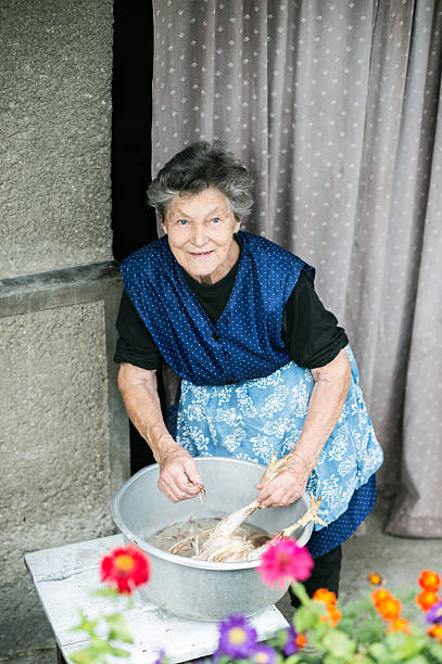 Senior woman cleaning and washing freshly slaughtered chicken.