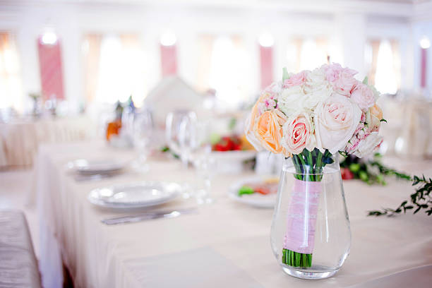 Tables decorated for a party or wedding receptionTables decorated for a party or wedding reception