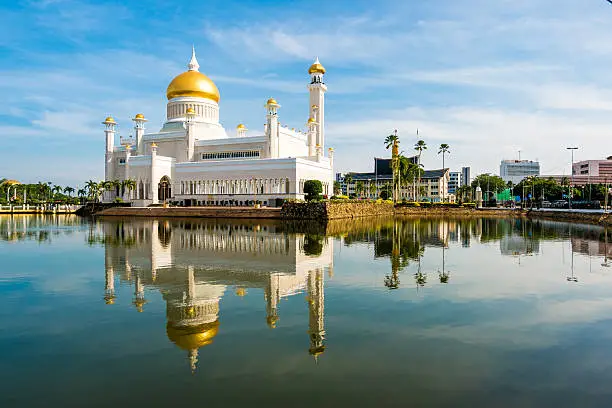 View of the Sultan Omar Ali Saifuddin Mosque, Brunei in the morning with reflection in the foreground