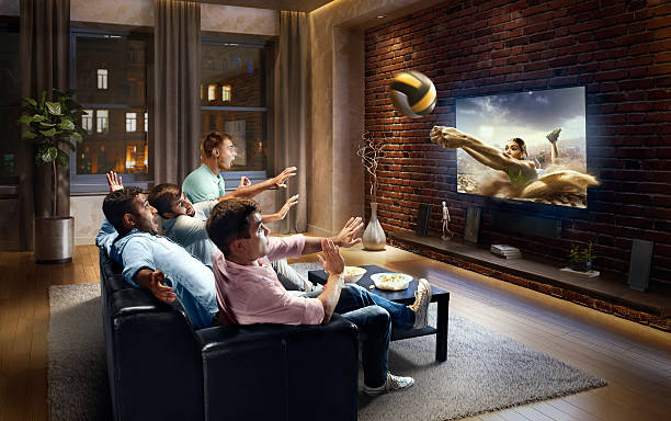 students watching very realistic volleyball game on tv - volleyball volleying human hand men imagens e fotografias de stock