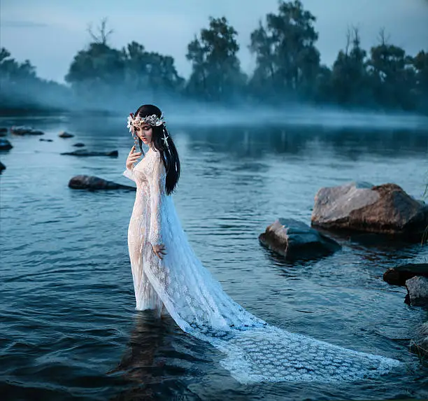 Photo of Luxurious lady, in elegant long dress in middle of lake