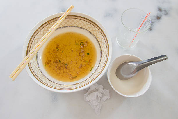 istock Empty bowl and glass on the table after meal 613770420