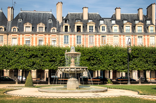 The famous place des Vosges square in Paris, France in said to be the most beautiful square in the city