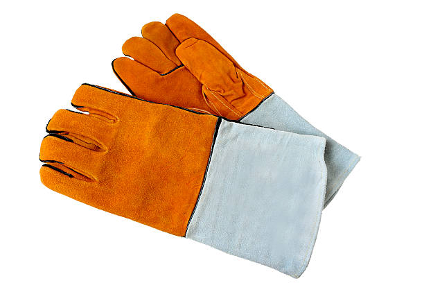 istock Rough leather gloves for welders, isolated on white background. 613771902