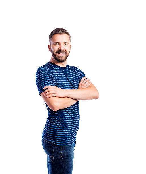 istock Hipster man in blue striped t-shirt, studio shot, isolated. 613773346