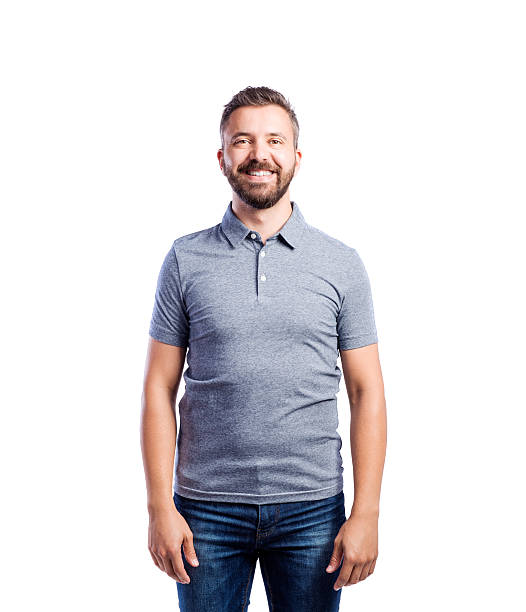 istock Hipster man in gray t-shirt. Studio shot, isolated. 613773456