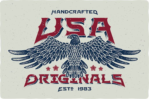 Print for t-shirt with bald eagle illustration and text 