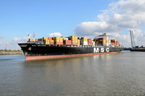 Antwerp, Belgium - October 9, 2016: MSC Melissa leaves the port of Antwerp.