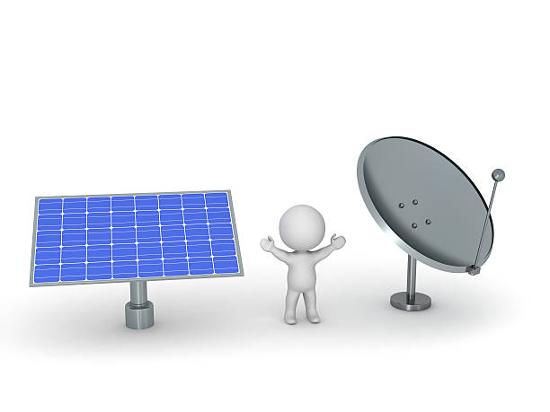 personagem 3d com painel solar e antena parabólica - solar power station audio - fotografias e filmes do acervo