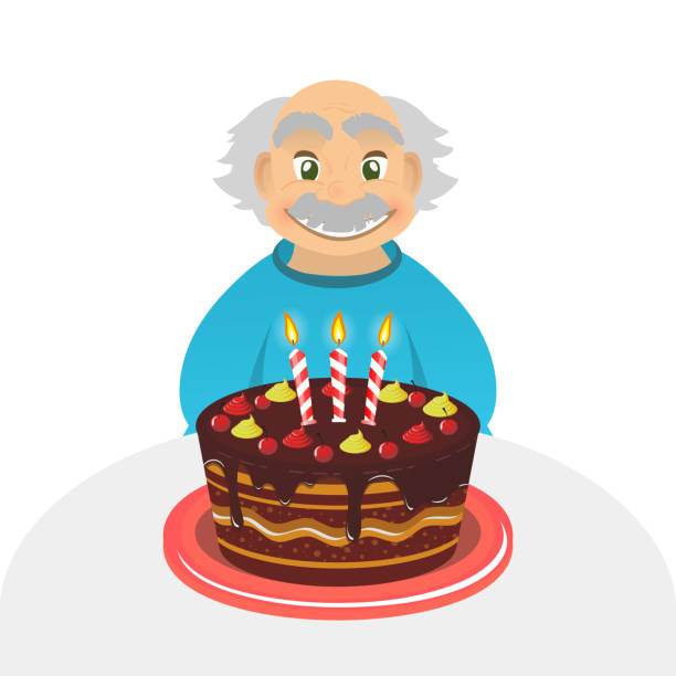 Old man birthday. Senior man. Chocolate cake. Grandfather Portrait . Old man celebrating birthday. Senior man with chocolate cake and candle sitting alone over white. Portrait of grandfather with grey hair and mustache, front view. caucasian elder man. $69 stock illustrations