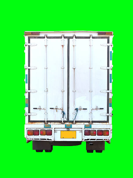 White cargo container and truck isolated on green background