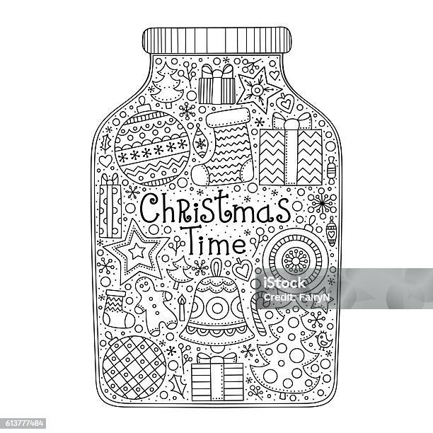 Doodle Christmas Jar Stock Illustration - Download Image Now - Christmas, Coloring Book Page - Illlustration Technique, Adult